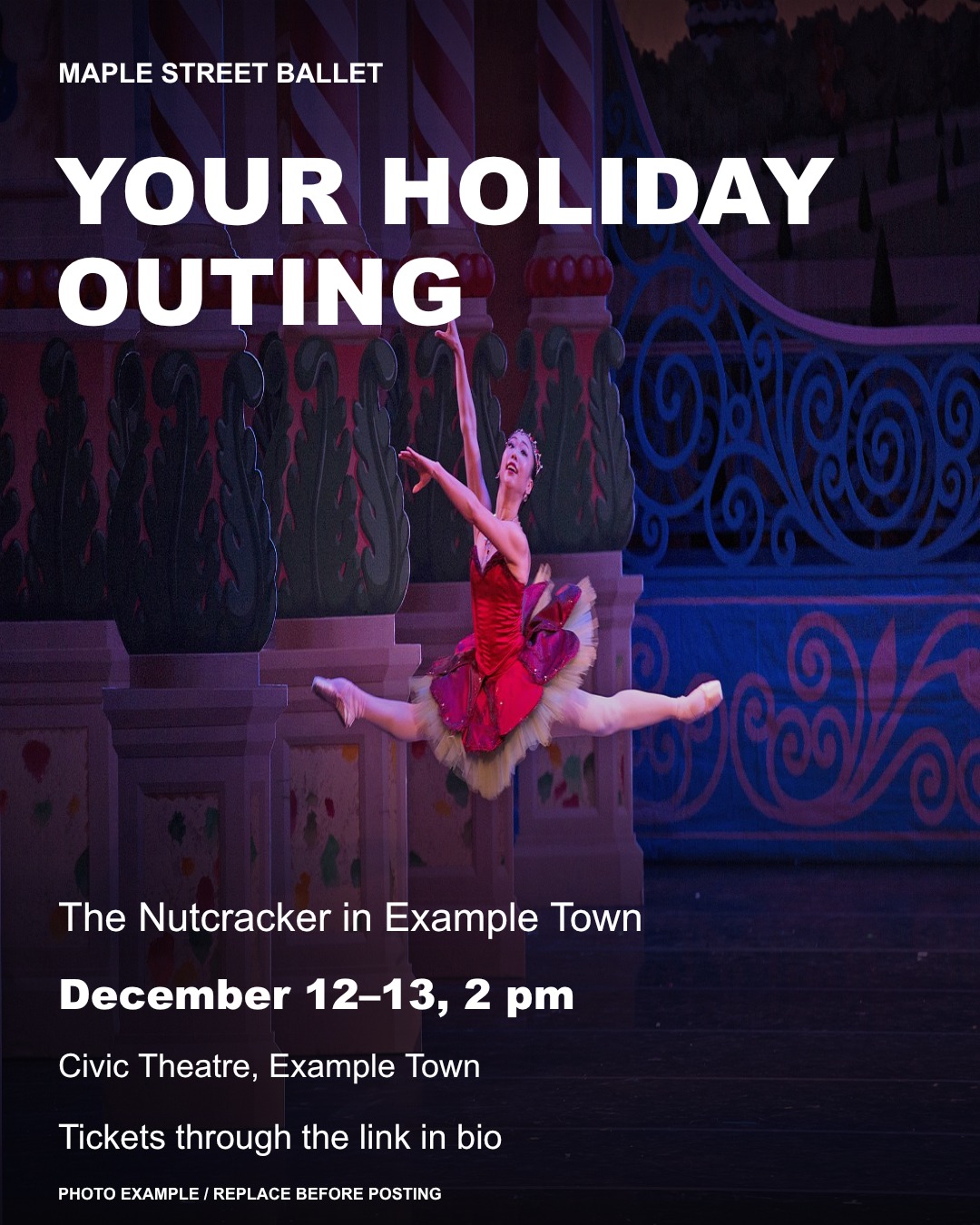Holiday-outing template example featuring a ballerina in red and large white lettering