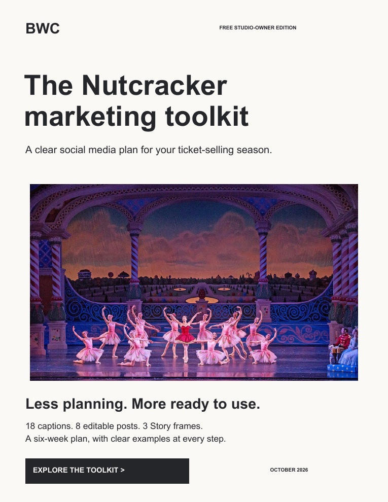 Actual cover of the BWC Nutcracker marketing toolkit, featuring a Nutcracker stage production