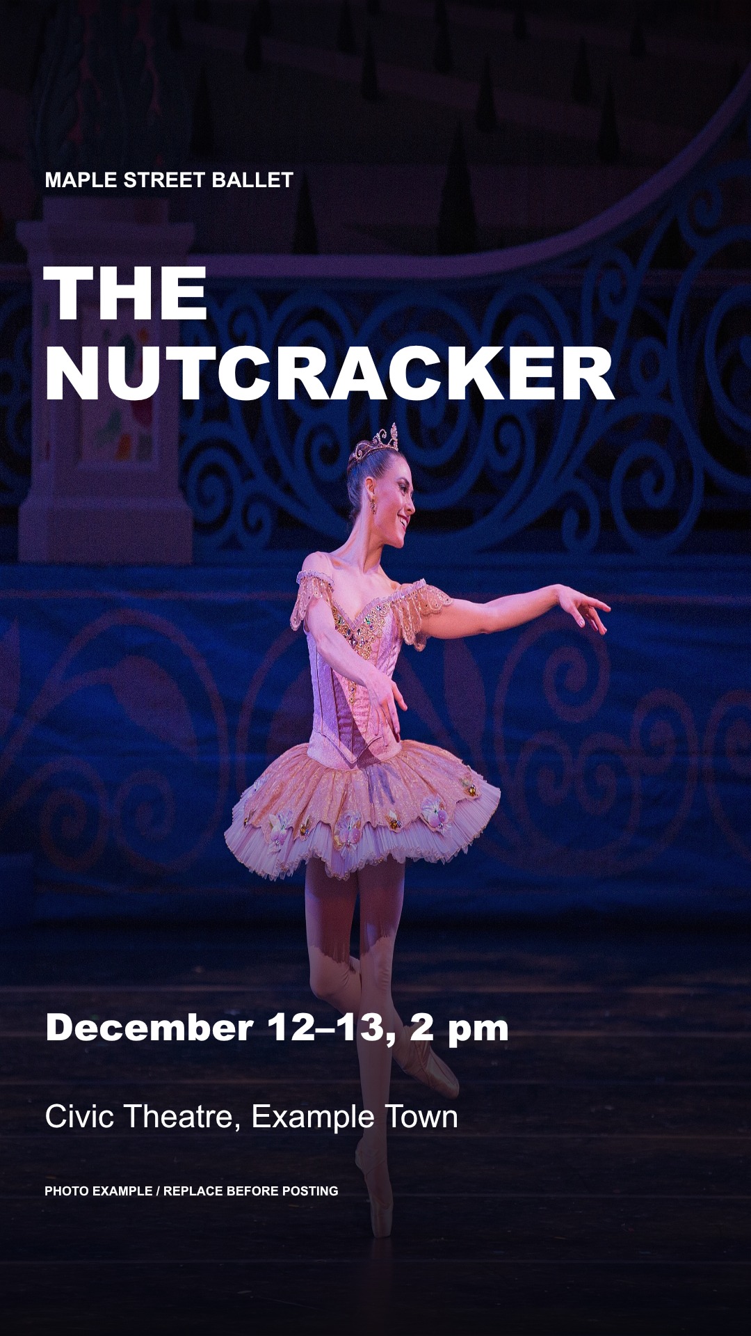 Vertical Story example with a Sugar Plum Fairy photo and performance details
