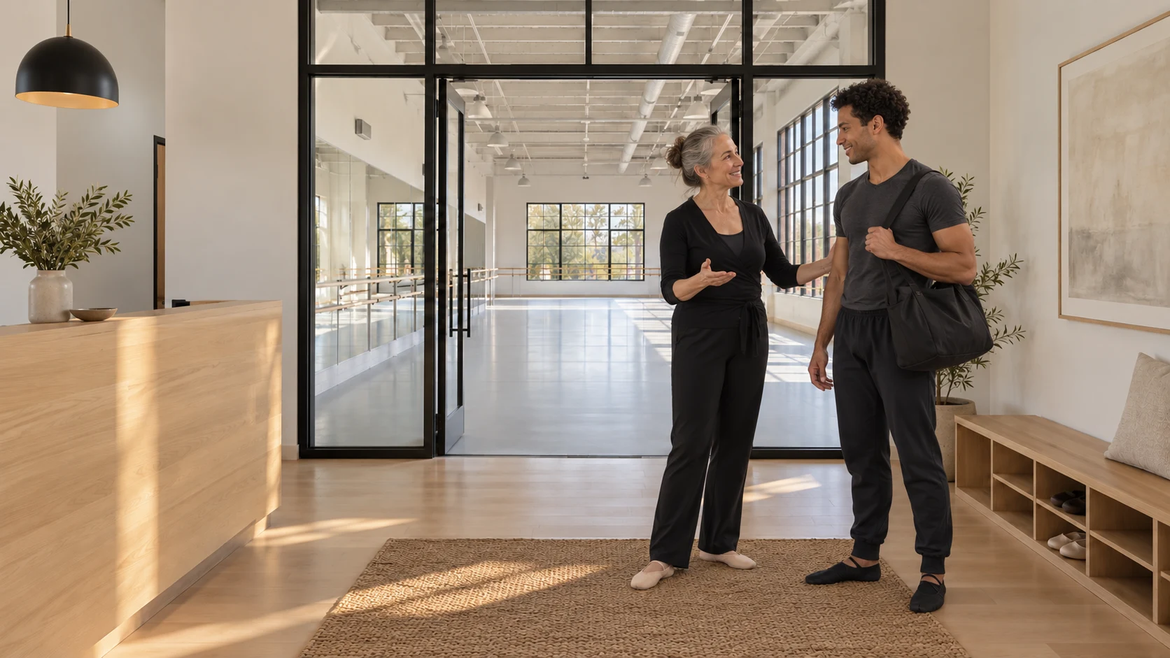 An imagined teacher welcoming a dancer at the studio entrance