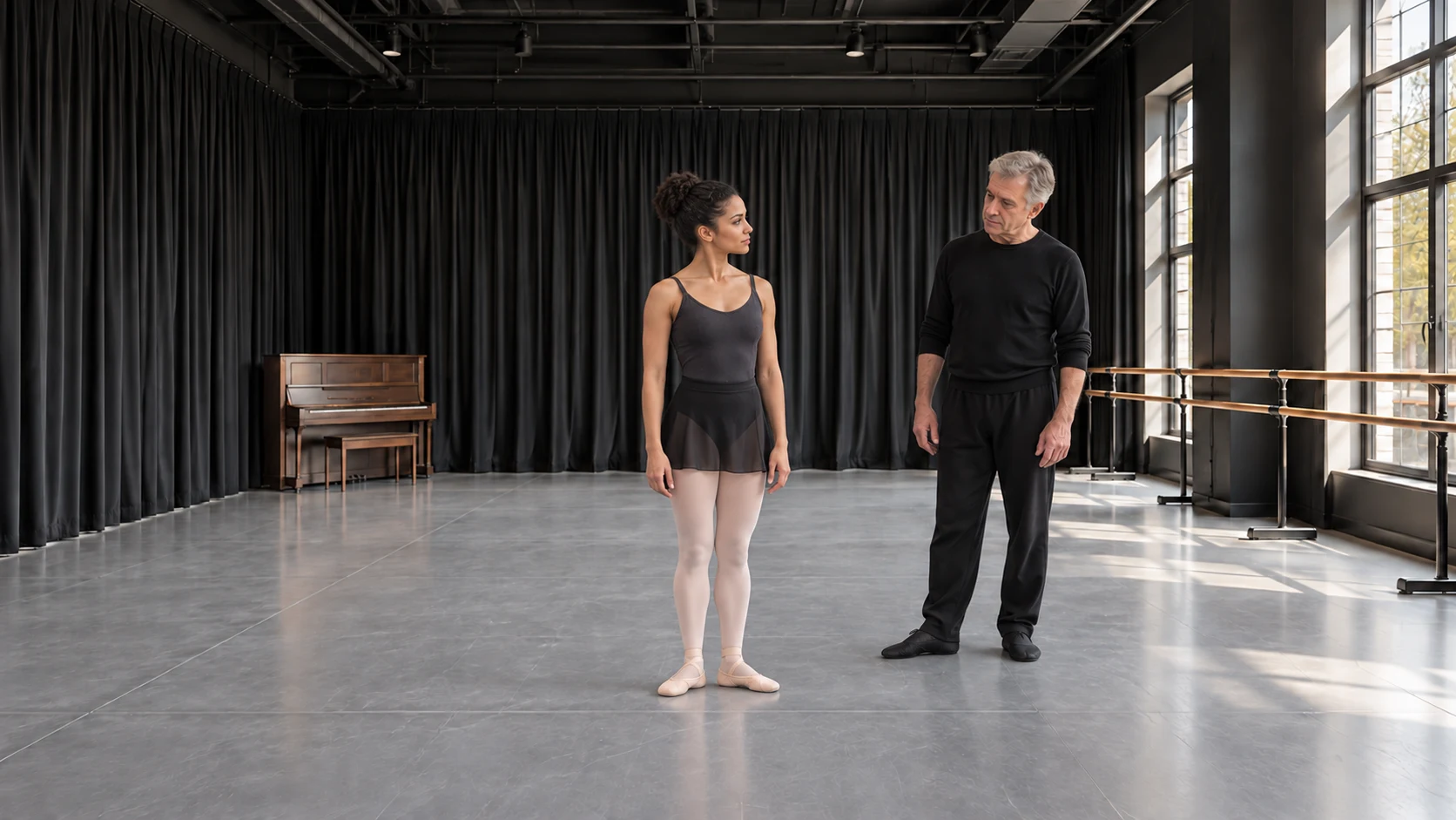 An imagined dancer and coach in a dramatic rehearsal room