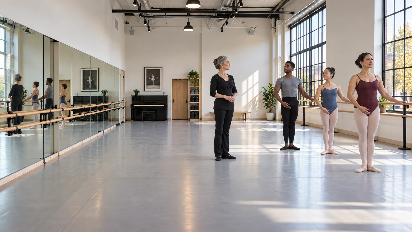 An imagined adult class in a sunlit ballet studio
