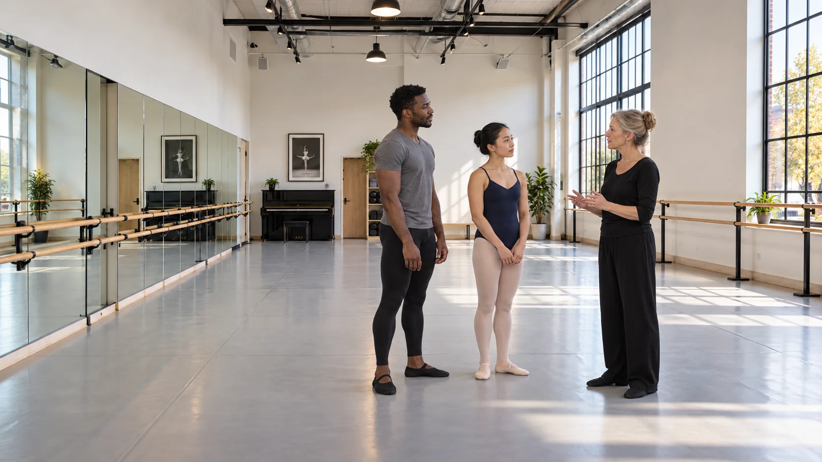 An imagined teacher guiding two adult ballet students