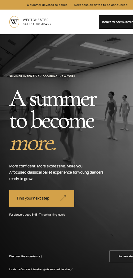 Westchester Ballet Company website displayed in its mobile layout